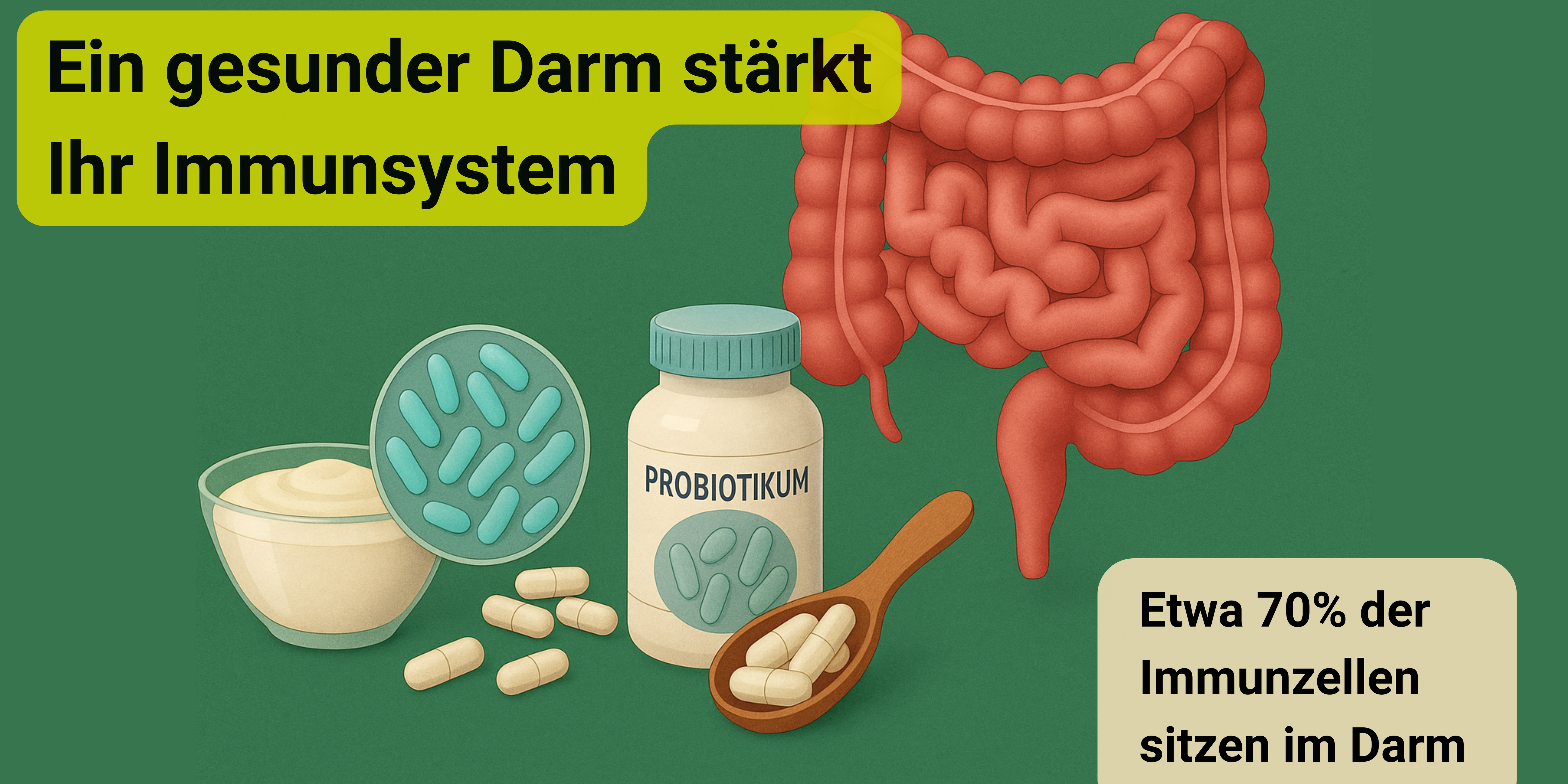 Grafik mit Darm, Probiotika-Kapseln und Joghurt. Text: „Ein gesunder Darm stärkt Ihr Immunsystem“ und „Etwa 70 % der Immunzellen sitzen im Darm“.
