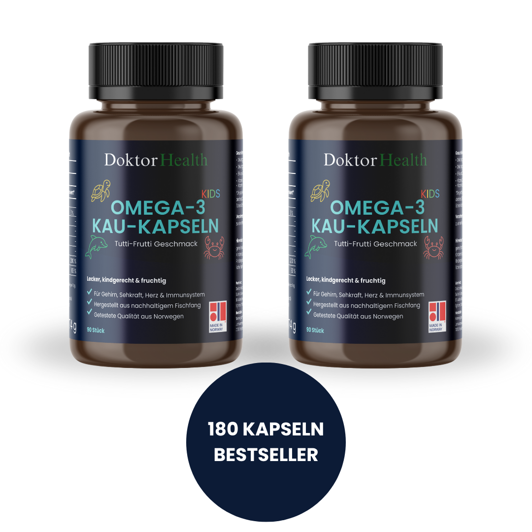 Doppelpack der Omega‑3 Kaukapseln für Kinder von Doktor Health mit 180 Kapseln, Tutti-Frutti Geschmack, Bestseller für Sehkraft, Herz & Konzentration im Schulalltag.