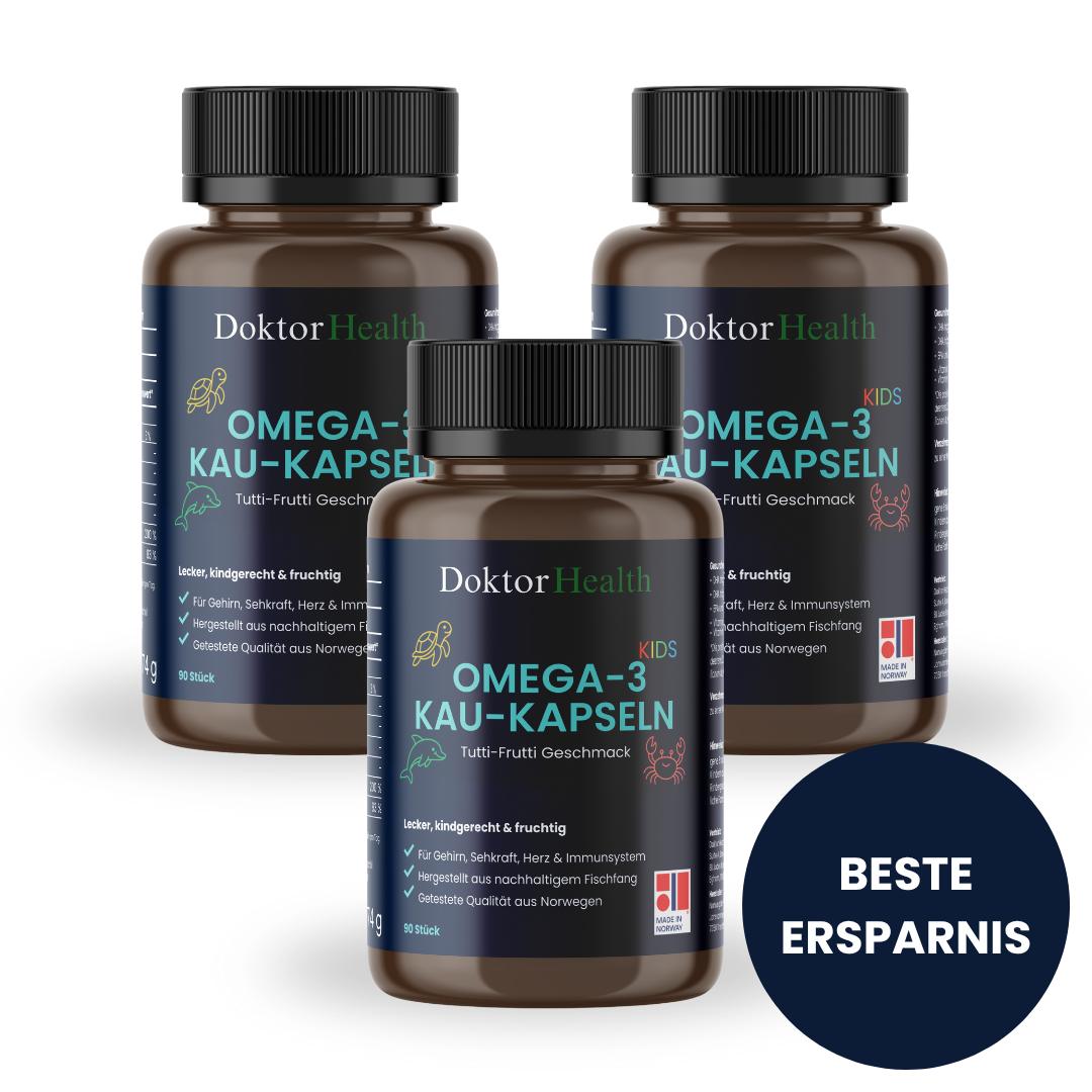 Sparpaket mit drei Dosen Omega‑3 Kaukapseln für Kinder von Doktor Health, Tutti-Frutti Geschmack, 270 Stück, für Gehirn, Herz, Sehkraft & Immunsystem – beste Ersparnis.