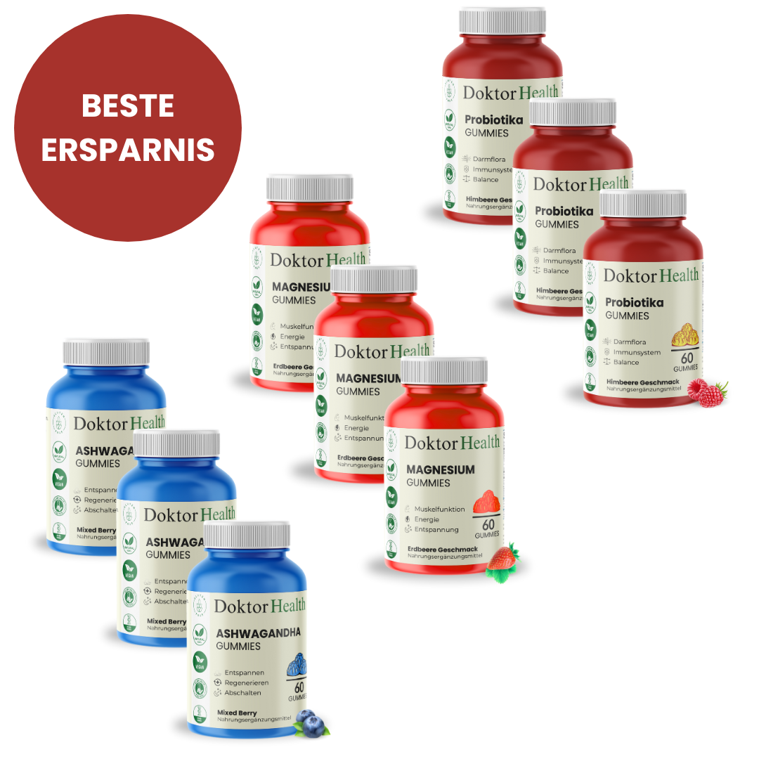 Doktor Health Vorteilsbundle: Große Vorratspackung Ashwagandha-, Magnesium- und Probiotika-Gummies für mehr Balance, Energie, Regeneration, starke Abwehrkräfte und optimale Ersparnis.