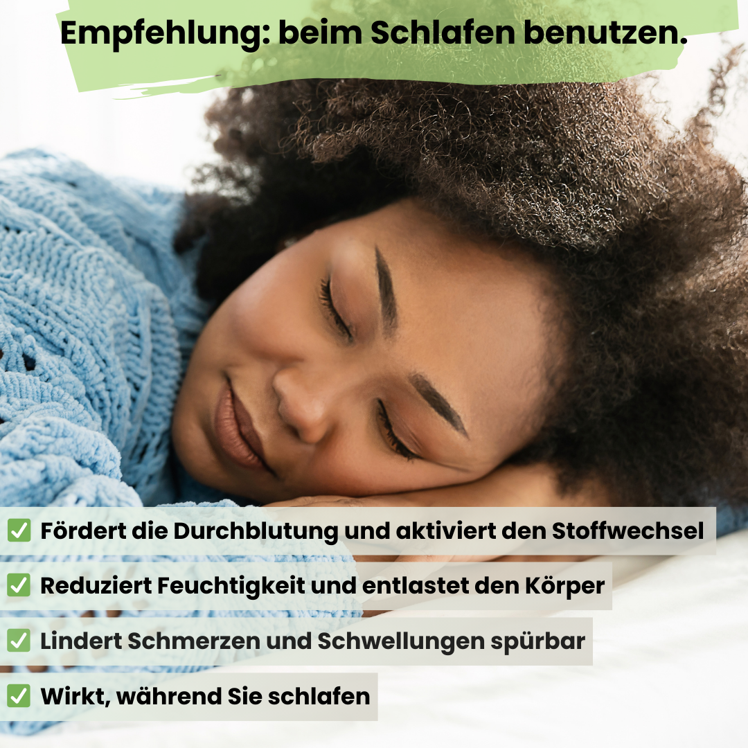 Frau schläft entspannt – Text: Empfehlung, Foot Detox Pads über Nacht anzuwenden – Vorteile wie bessere Durchblutung, Stoffwechselaktivierung, Entlastung des Körpers, Schmerzlinderung und nächtliche Wirkung hervorgehoben.