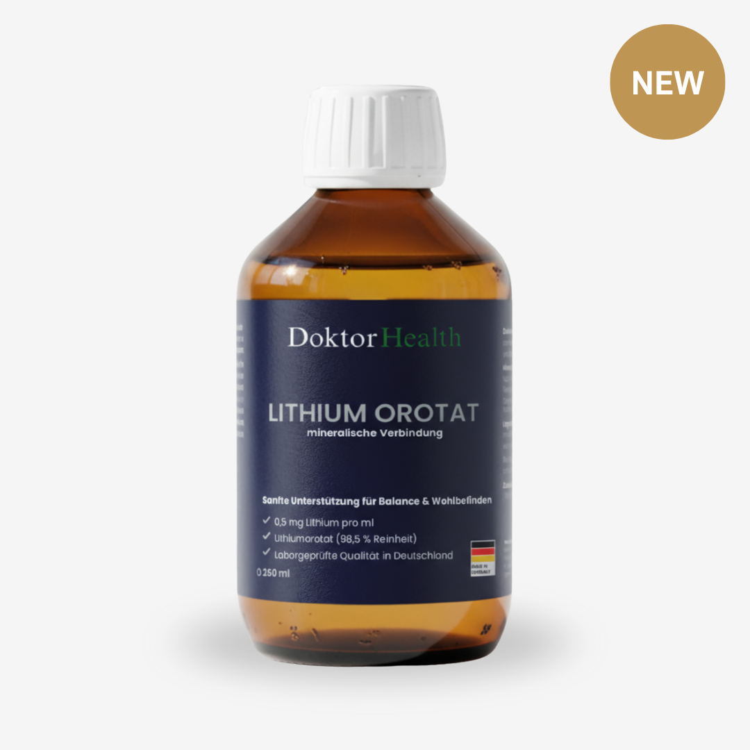 Doktor Health Lithium Orotat 250 ml – hochreines Nahrungsergänzungsmittel mit 0,5 mg Lithium pro ml für Balance, Wohlbefinden und mentale Stabilität. Laborgeprüfte Qualität aus Deutschland.