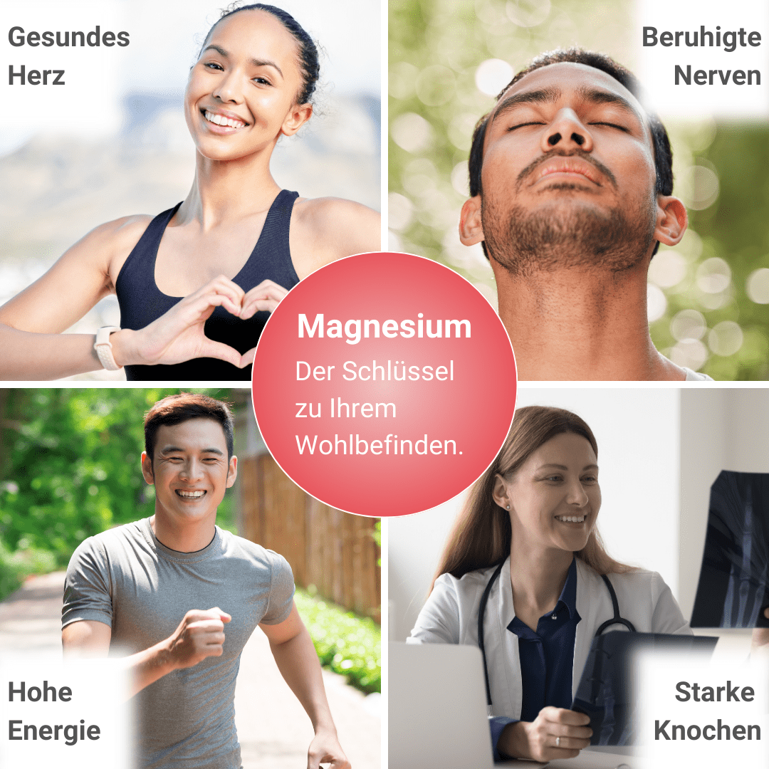 Magnesium stärkt Herz, Nerven, Energielevel und Knochen. Bild zeigt glückliche Menschen, die durch Magnesium Gummies ihre Gesundheit und ihr tägliches Wohlbefinden verbessern.