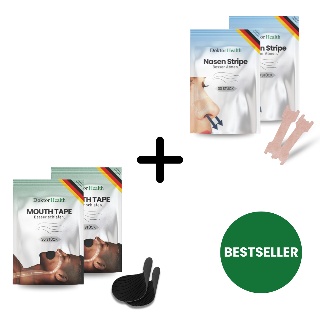 Bestseller-Kombipack: Mouth Tape und Nasenstrips von Doktor Health. 2x 30 Stück Mouth Tape für besseren Schlaf und 2x 30 Stück Nasenstrips für freie Nasenatmung. Optimale Lösung gegen Schnarchen und für eine verbesserte Sauerstoffaufnahme in der Nacht.