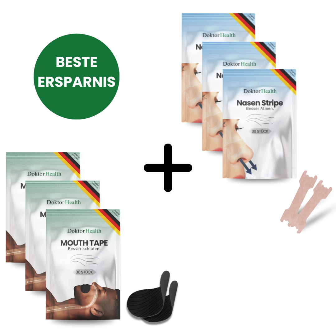 Beste Ersparnis: Mouth Tape & Nasenstrips Set von Doktor Health. 3x 30 Stück Mouth Tape für ruhigen Schlaf & 3x 30 Stück Nasenstrips für freie Atmung. Perfekt gegen Schnarchen & zur Förderung der Nasenatmung.