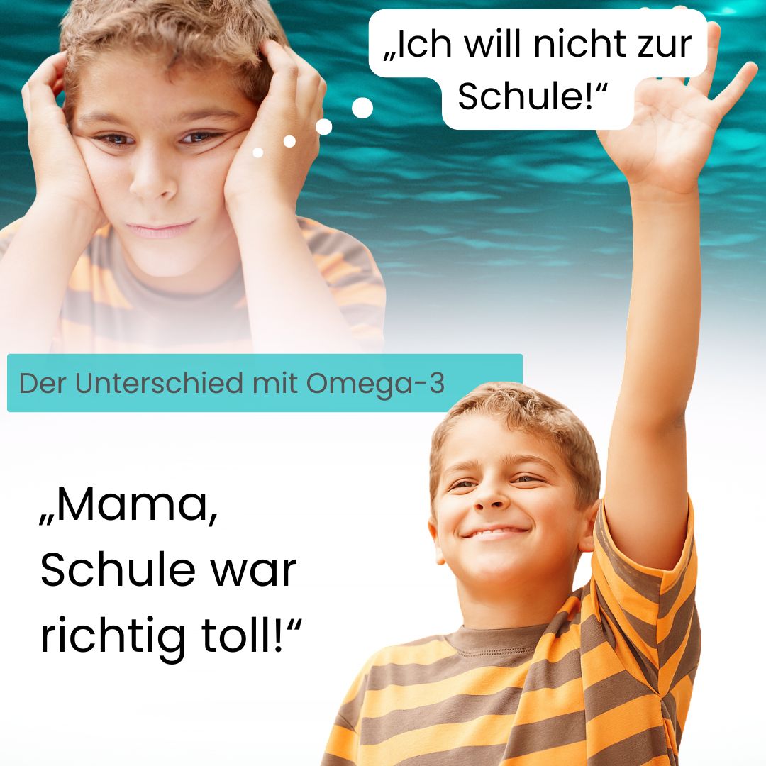 Vorher-nachher-Vergleich eines Jungen: oben traurig mit dem Satz „Ich will nicht zur Schule!“, unten fröhlich mit erhobener Hand und dem Text „Mama, Schule war richtig toll!“ – Wirkung von Omega-3 auf Konzentration und Schulfreude.