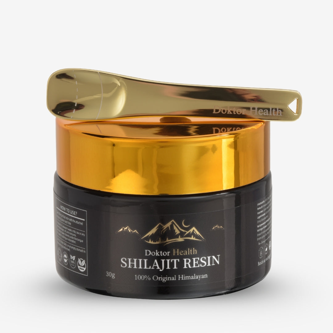 Doktor Health Shilajit Resin mit goldenem Dosierlöffel – hochwertiges Himalaya-Harz, inklusive Gratis-Löffel im Wert von 9,99 € zur einfachen Einnahme.