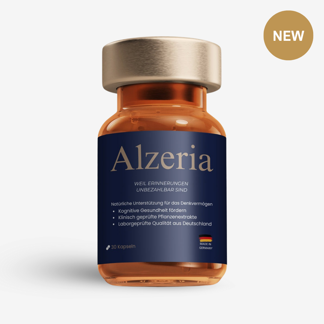 Alzeria, Hochwertige Kapseln zur Unterstützung von Gedächtnis, Konzentration und kognitiver Gesundheit mit pflanzlichen Extrakten, made in Germany.