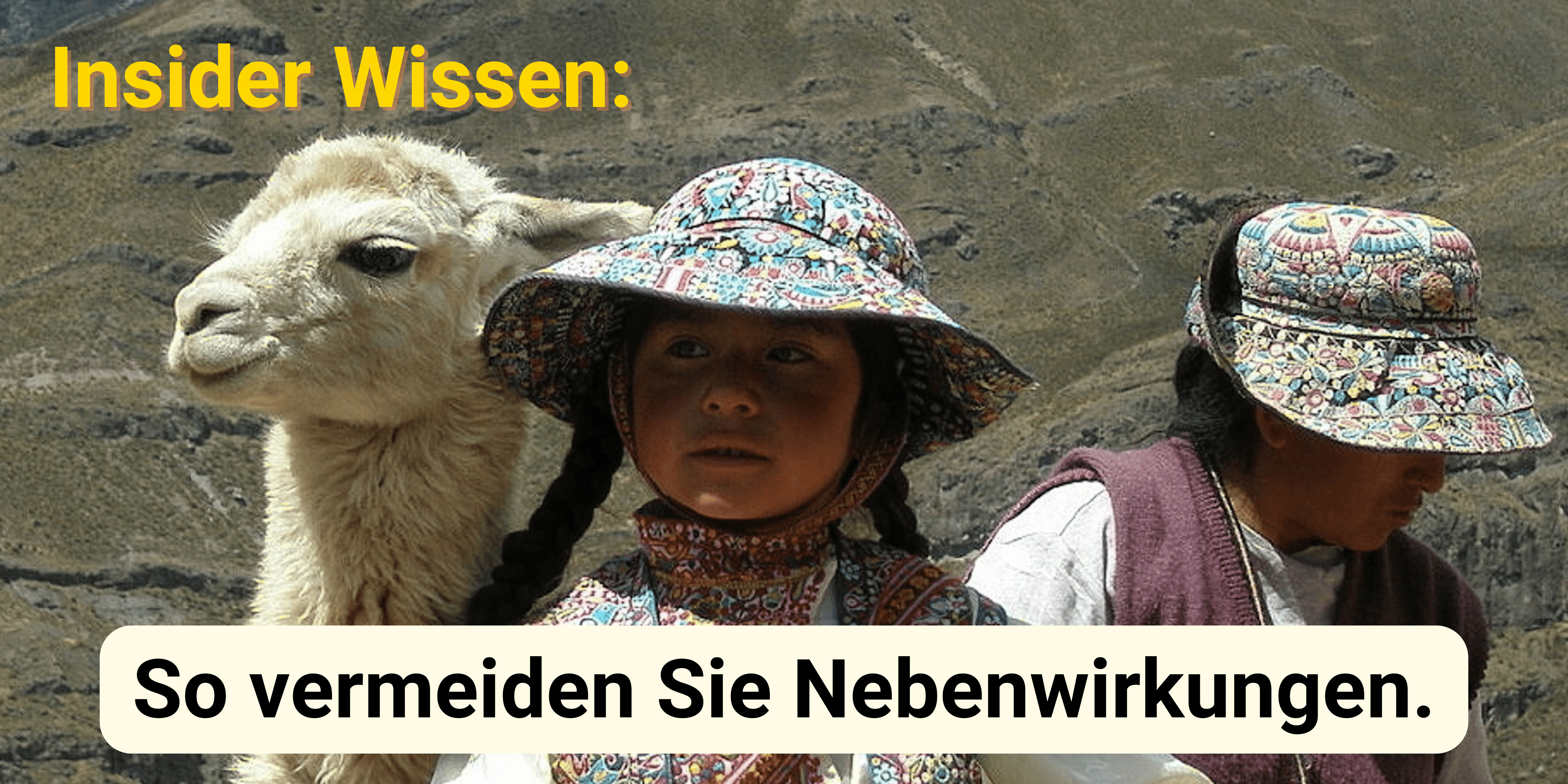 Insider-Wissen zu Shilajit: So vermeiden Sie Nebenwirkungen. Bild mit traditionell gekleideten Anden-Bewohnern und einem Lama in den Bergen.