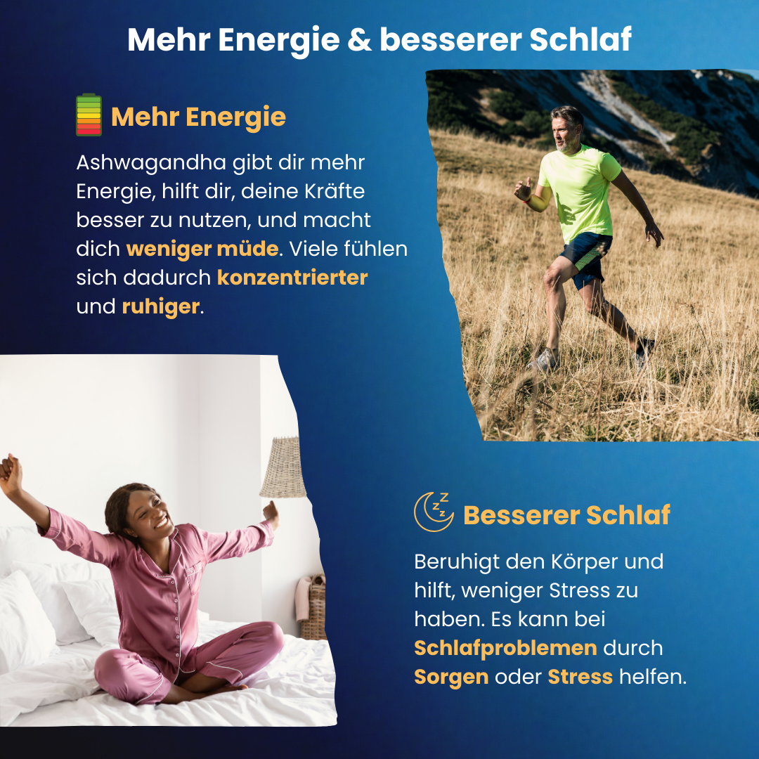 Ashwagandha Gummies unterstützen mehr Energie, bessere Konzentration, ruhigeren Alltag sowie besseren Schlaf durch Stressreduktion, Entspannung und Förderung gesunder Schlafqualität.