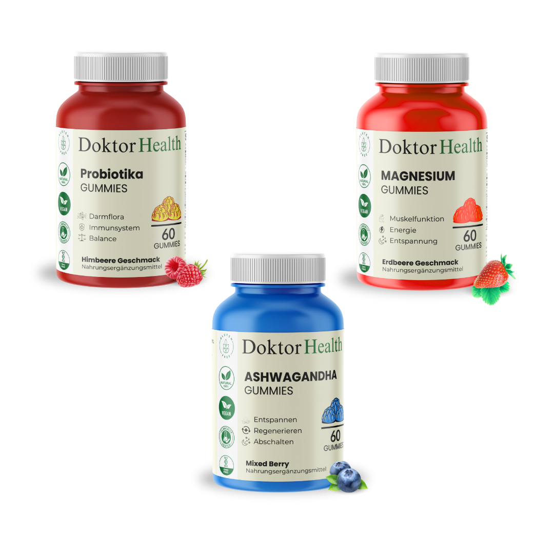 Produktbild von Doktor Health: Probiotika Gummies, Magnesium Gummies und Ashwagandha Gummies im Kombipaket. Natürliche Nahrungsergänzung für Balance, Energie, Entspannung, Darmflora und Immunsystem.