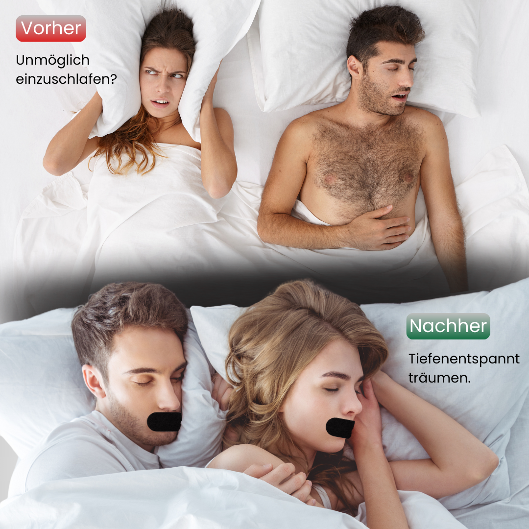 Vorher-Nachher-Vergleich: Unruhiger Schlaf durch Schnarchen im Gegensatz zu tiefenentspanntem Schlaf mit Mouth Tape – verbessert die Schlafqualität und reduziert Schnarchen.