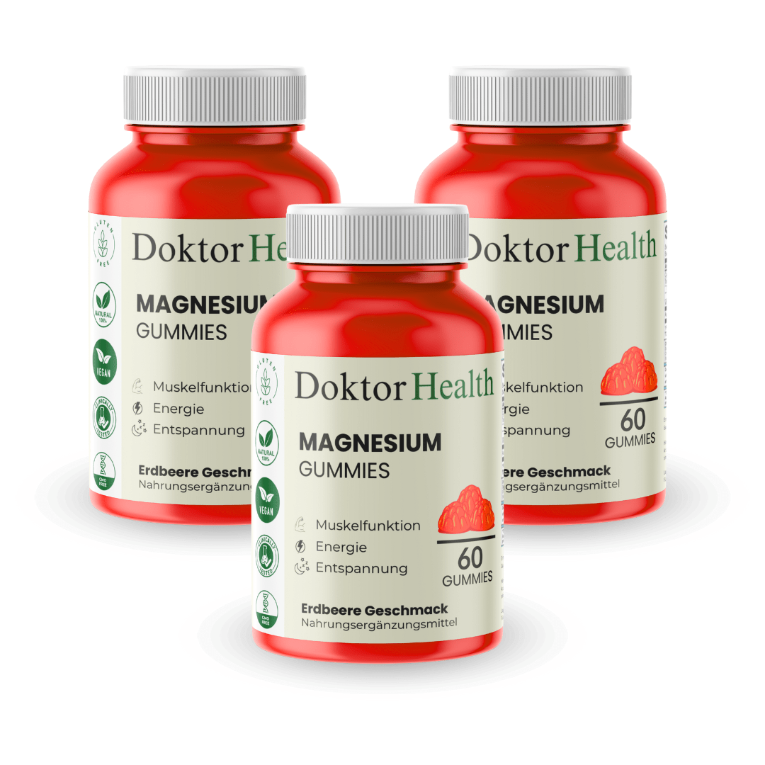 Doktor Health Magnesium Gummies – Hochwertige Nahrungsergänzung für Muskelfunktion, Energie und Entspannung. Vegane Magnesium-Gummibärchen mit Erdbeer-Geschmack, ideal zur Unterstützung der täglichen Magnesiumzufuhr.