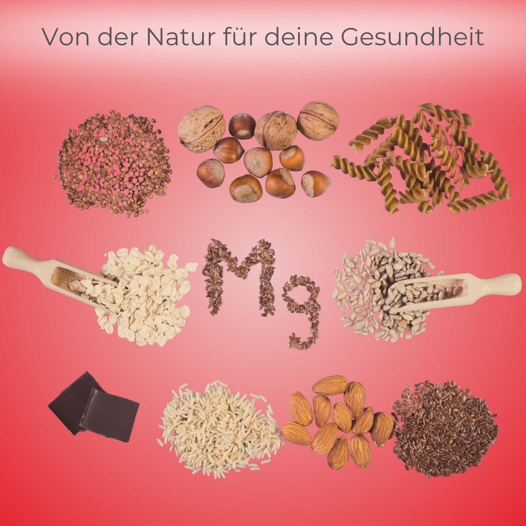 Natürliche Magnesiumquellen wie Nüsse, Hafer, Reis und dunkle Schokolade. Symbolische Darstellung für Magnesiumaufnahme aus natürlichen Lebensmitteln für mehr Energie und Gesundheit.