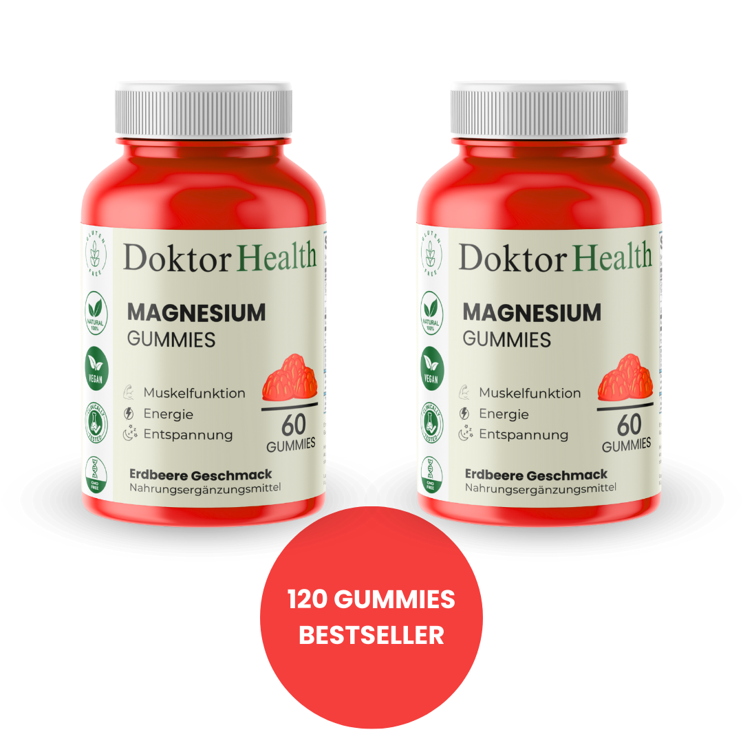 Doktor Health Magnesium Gummies – 120 Stück Vorrat. Bestseller Nahrungsergänzung mit Magnesium für Muskelentspannung, Energie und Wohlbefinden. Erdbeer-Geschmack, vegan & glutenfrei.