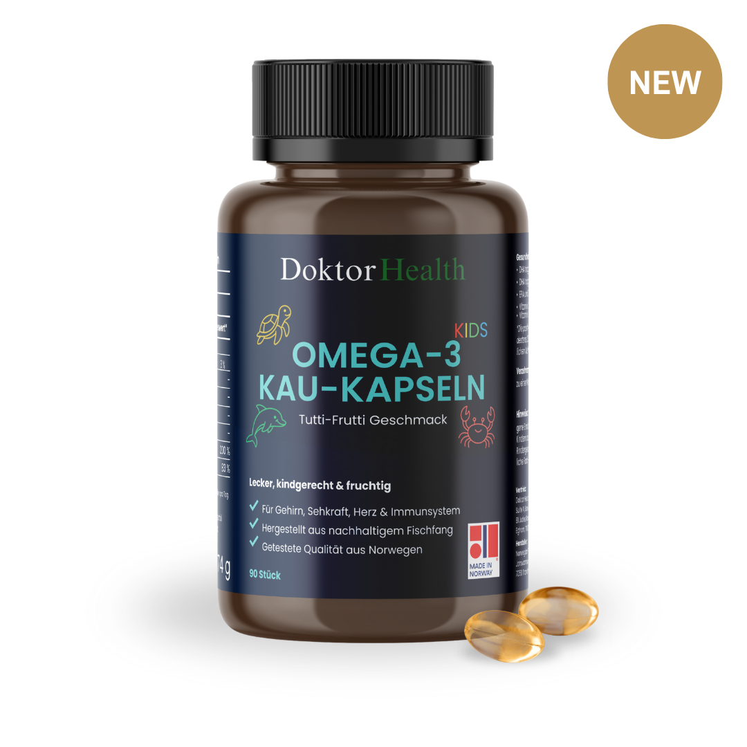 Omega‑3 Kaukapseln für Kinder von Doktor Health in brauner Dose mit 90 Stück, Tutti-Frutti Geschmack, fruchtig, kinderfreundlich, reich an EPA & DHA, zur Unterstützung von Gehirn, Sehkraft und Immunsystem – aus nachhaltigem Fischfang, hergestellt in Norwegen.