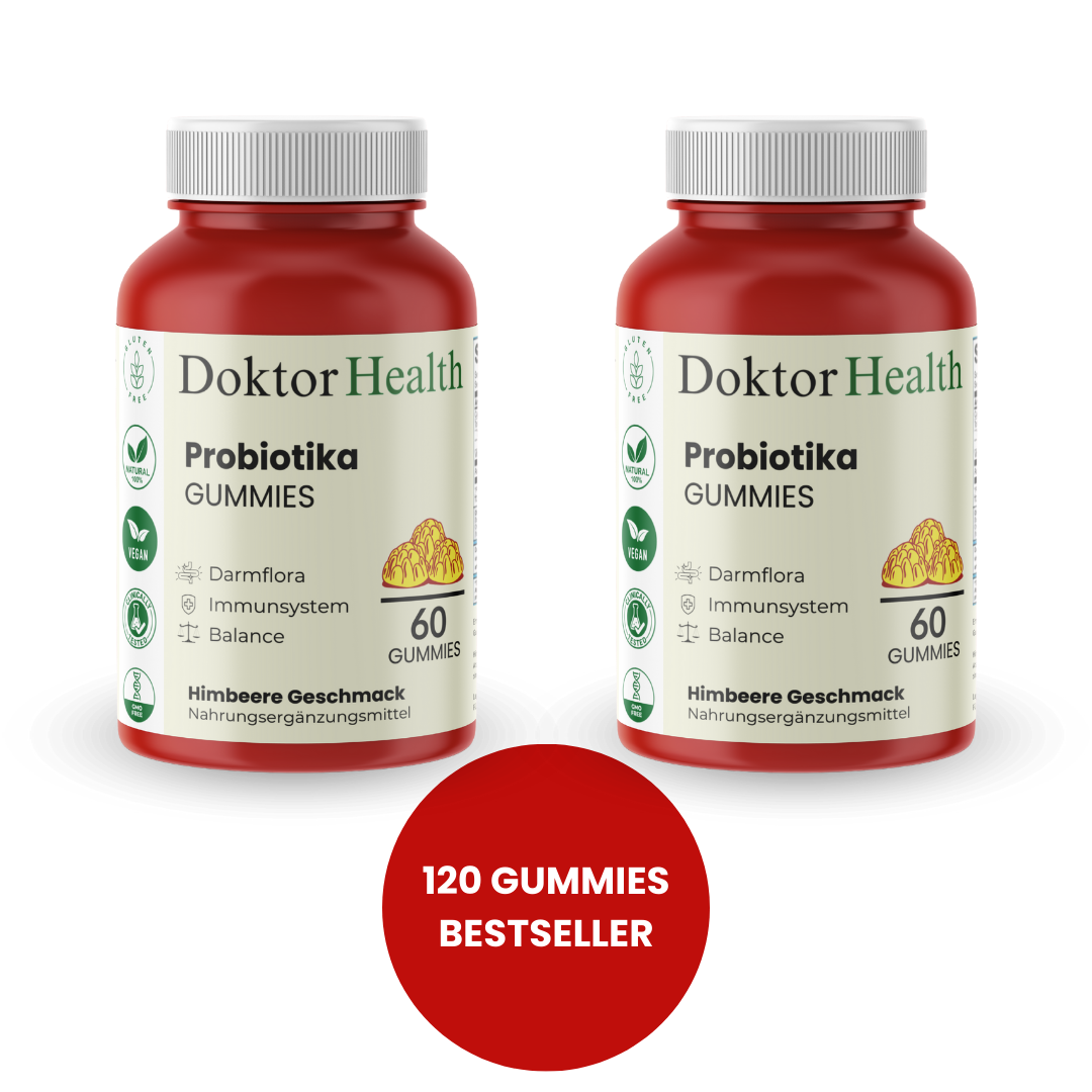 Zwei Dosen Doktor Health Probiotika Gummies mit je 60 Gummies, insgesamt 120 Gummies im Bestseller Set. Vegan, glutenfrei, Himbeergeschmack. Unterstützt Darmflora, Immunsystem und Balance. Rotes Label mit dem Hinweis „120 Gummies Bestseller“ auf weißem Hintergrund.