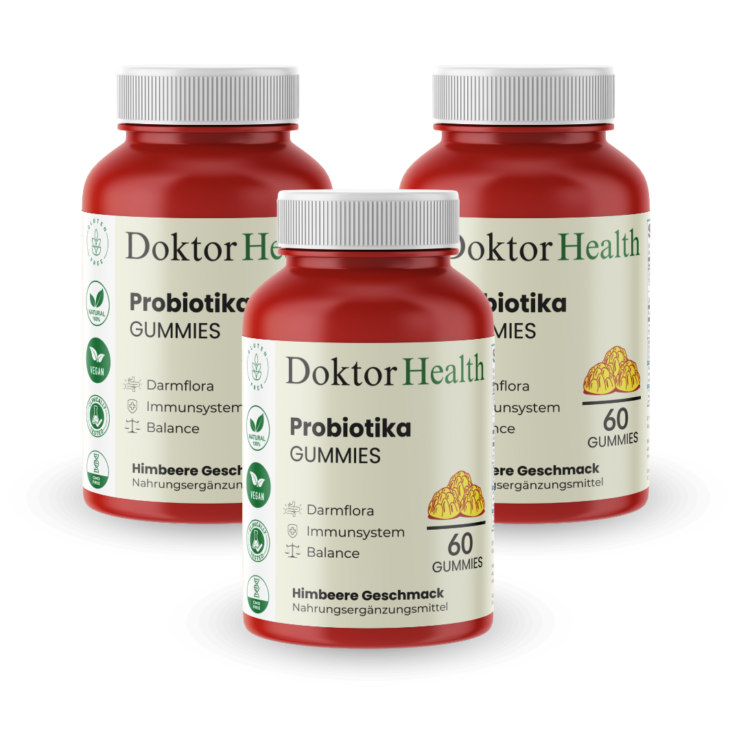 Drei Dosen Doktor Health Probiotika Gummies – unterstützen die Darmflora, stärken das Immunsystem und fördern tägliches Wohlbefinden. Vorratspaket mit veganer Qualität und Himbeergeschmack.