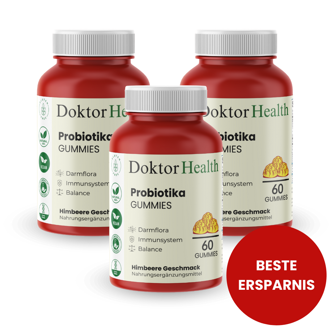 Drei Dosen Doktor Health Probiotika Gummies mit je 60 Gummies im Vorteilspack. Vegan, glutenfrei, natürlicher Himbeergeschmack. Unterstützt Darmflora, Immunsystem und innere Balance. Rotes Label mit der Aufschrift „Beste Ersparnis“ – ideales Sparangebot für 180 Gummies.