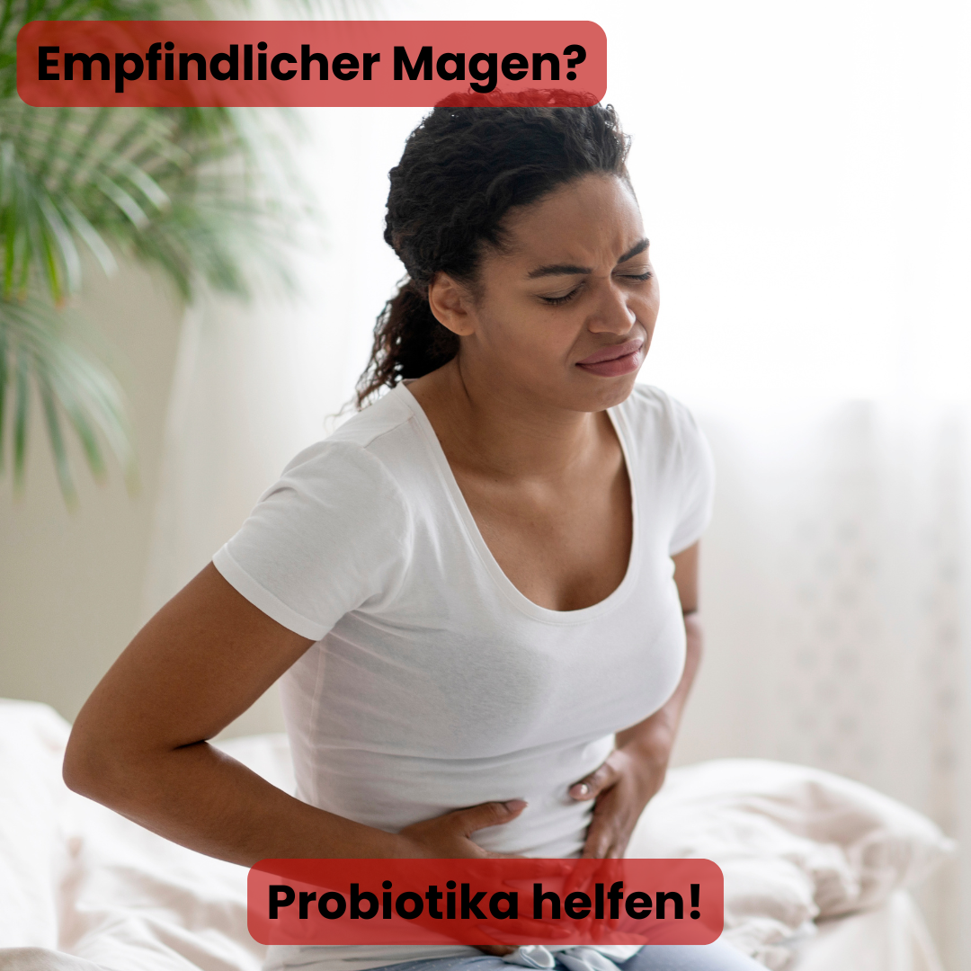 Frau mit Magenschmerzen – empfindlicher Magen, Probiotika Gummies für eine gesunde Darmflora und bessere Verdauung