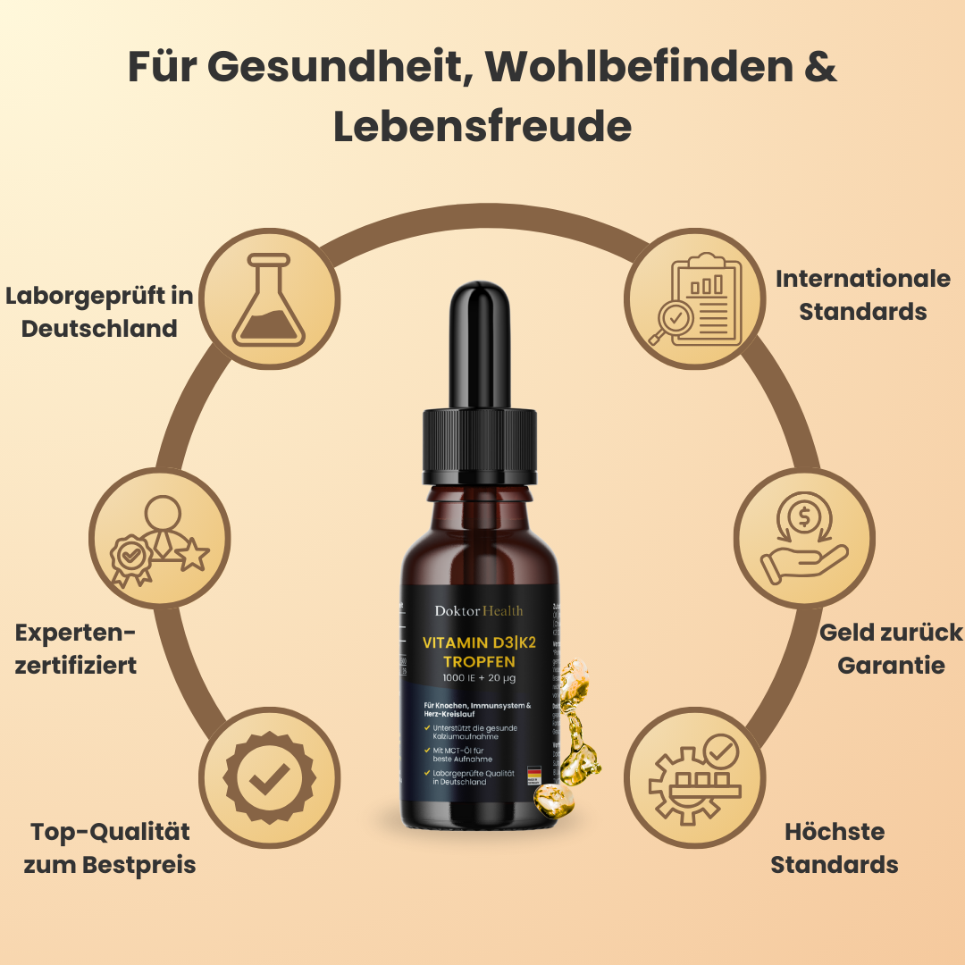 Doktor Health Vitamin D3 + K2 Tropfen, Laborgeprüfte Qualität, internationale Standards und Geld-zurück-Garantie für starke Knochen, Immunsystem und Herz-Kreislauf-Gesundheit.
