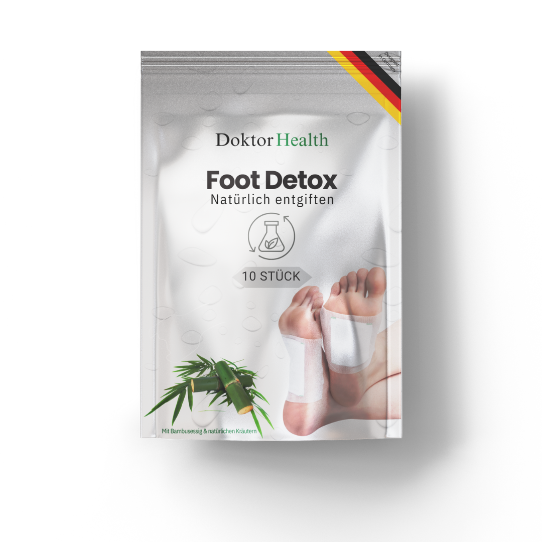 Doktor Health Foot Detox Pflaster mit Bambusessig und natürlichen Kräutern zur sanften Entgiftung über die Füße, 10 Stück im praktischen Beutel.