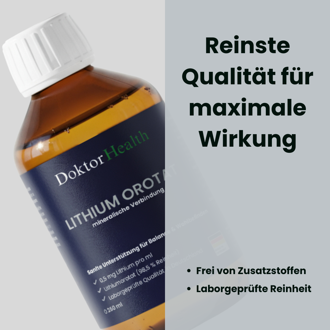 Doktor Health Lithium Orotat, Flasche mit Schriftzug ‚Reinste Qualität für maximale Wirkung‘. Hochwertiges Nahrungsergänzungsmittel mit 0,5 mg Lithium pro ml, laborgeprüft und frei von Zusatzstoffen.
